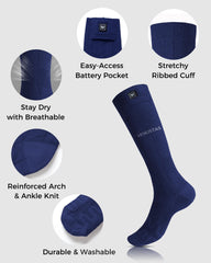 Venustas heated socks highlight battery life and outdoor warmth capabilities.