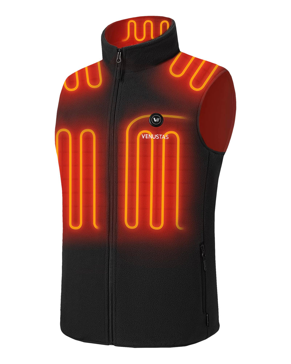 Venustas men's heated vest front view shows warm fleece for outdoor warmth.
