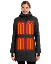Venustas women's long heated-down jacket front view highlighting slim quilt and core warmth