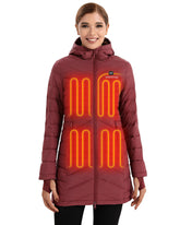 Venustas women's long heated jacket on model shows stylish warmth for outdoor wear