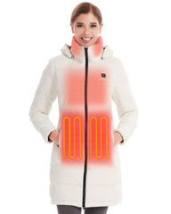Venustas women's recycled-down heated jacket front view showing a warm outdoors look