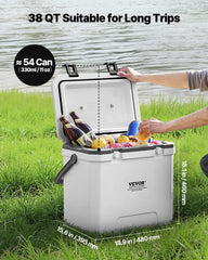 VEVOR 38QT cooler open inside showcases organized storage for beverages and snacks during picnics