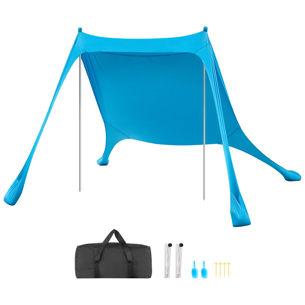 VEVOR beach tent pop-up setup demonstrates quick shade on a sunny beach.