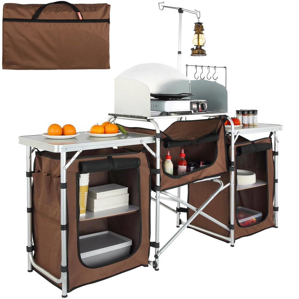VEVOR camping kitchen table top view showing organized outdoor workspace.