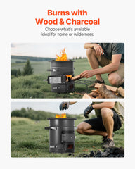 VEVOR camping rocket stove side view highlighting portability for backpacking
