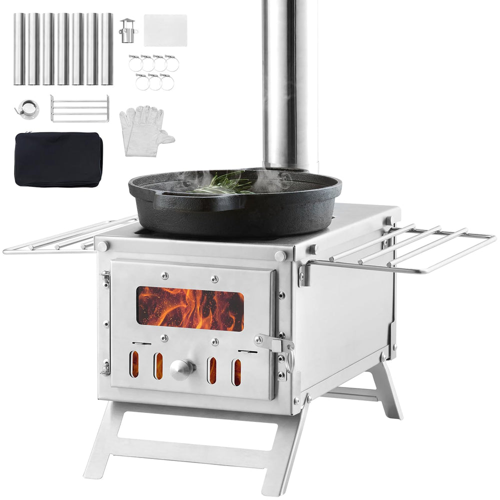 VEVOR camping stove firebox shows a large chamber for long-lasting outdoor warmth.