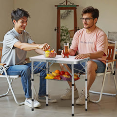 VEVOR folding camping table side profile shows slim portable design.