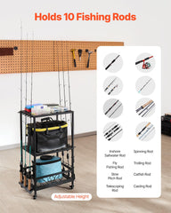 VEVOR garage organizer keeps tackle boxes neatly stored beside fishing rods.