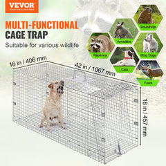 VEVOR live animal cage trap side view highlights folding design for easy storage