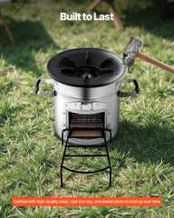 VEVOR rocket stove cast iron top ensures even heat for pots and pans.