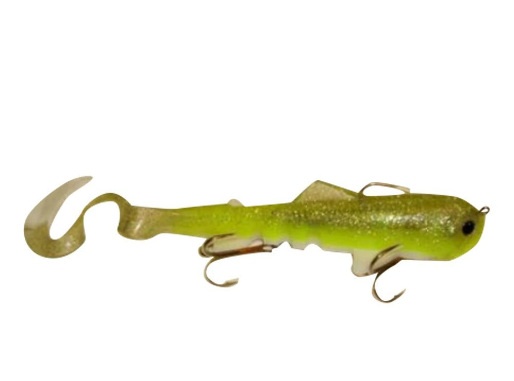 Vexan Super-D Swimbait chartreuse circus, lifelike movement for bass, muskies, and walleye.