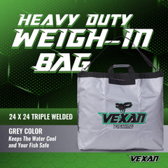 Vexan weigh-in bag highlights 24x24 capacity suitable for multiple bass or walleye.