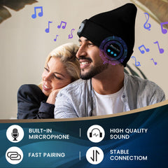 VIBELITE beanie wearer demonstrates warmth and concealed LED light for safe outdoor use.