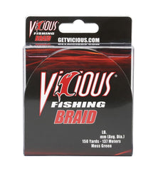Vicious Fishing braid line moss green provides high strength with low stretch for bite detection