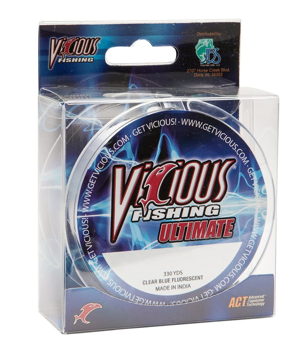 Vicious Fishing Ultimate 330 Yards line spool showing clear blue 14 lb test for versatile fishing.