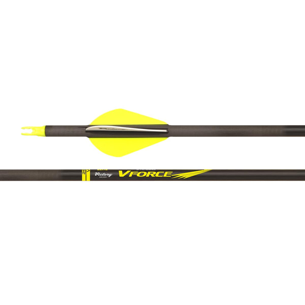 Victory Archery VForce 0.245 inch hunting arrow with spine 500 and yellow vanes for accuracy.