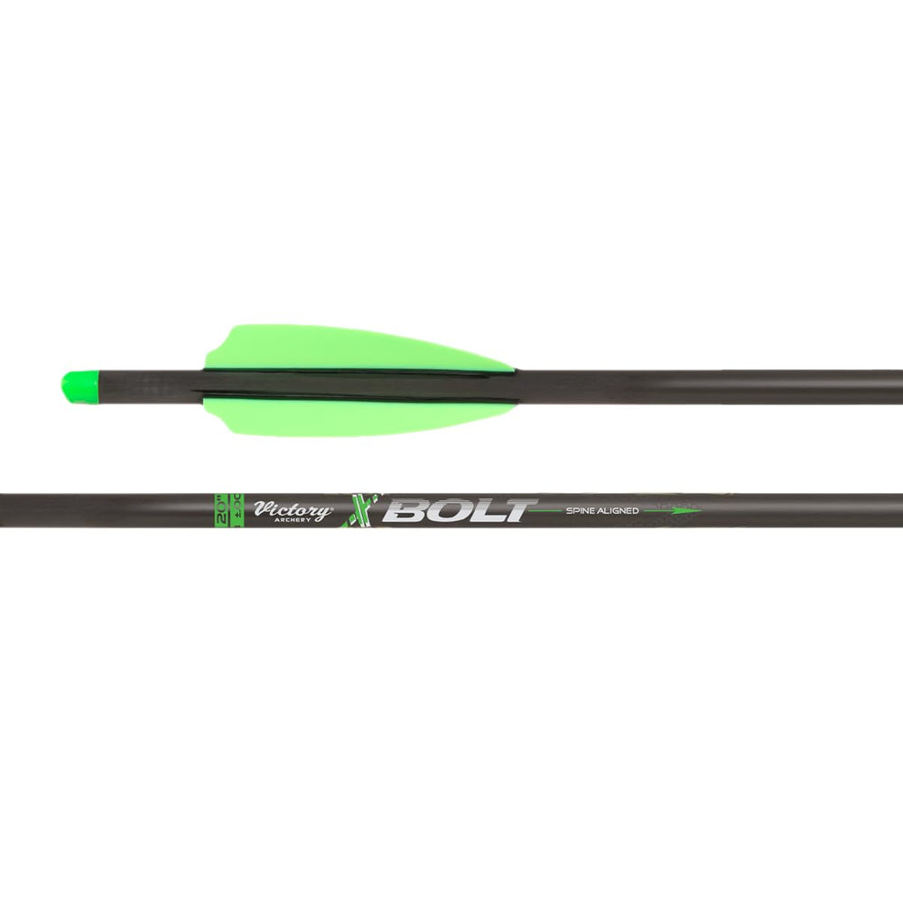 Victory Archery XBolt 20 inch green fletched crossbow bolt close-up for precision