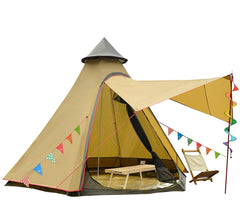 Vidalido dome tent front view in yellow, showing spacious family shelter.