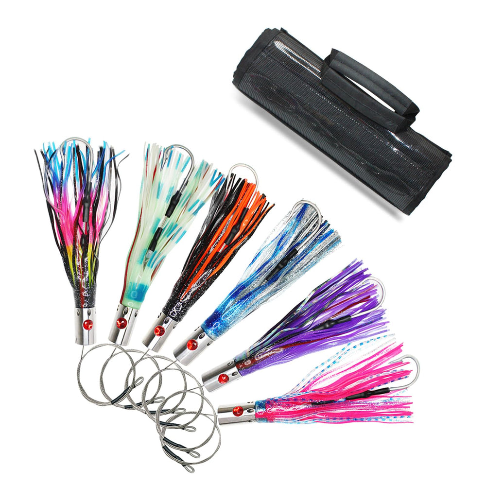 VIKETECH Offshore 6pcs trolling lures in a mesh bag for tangle-free transport.