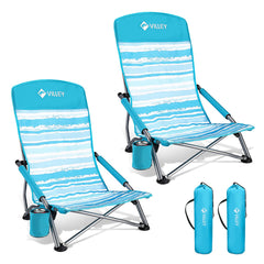 Villey low beach chairs blue stripes folded for compact storage and travel-ready with carry bag