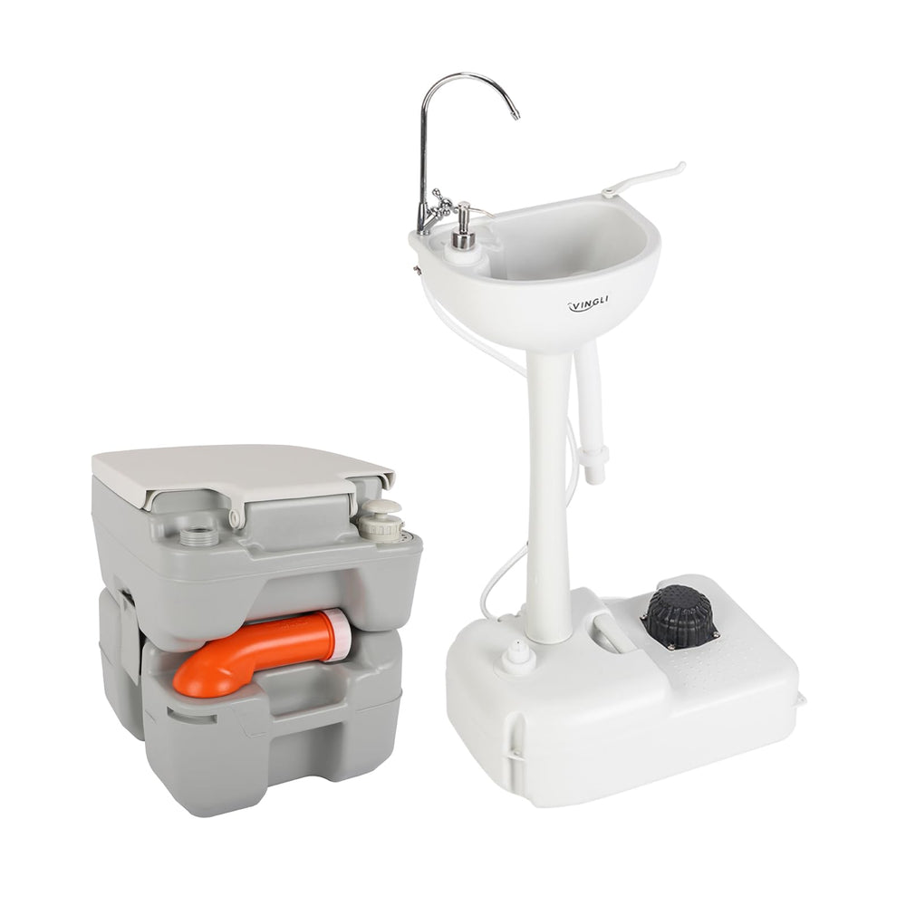 VINGLI portable sink and toilet combo setup for camping and RV use — easy transport.