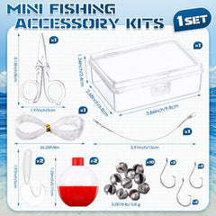 Portable mini fishing kit showing included tools and tackle