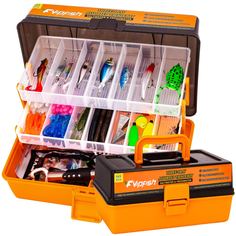 Vipfish 448-Pcs Fishing Lures Kit open with orange 3-layer tackle box
