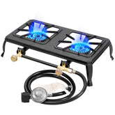 Vivicreate cast-iron stove dual burners enables versatile outdoor cooking.
