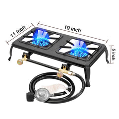 Vivicreate portable propane stove with hose and regulator for quick outdoor setup.