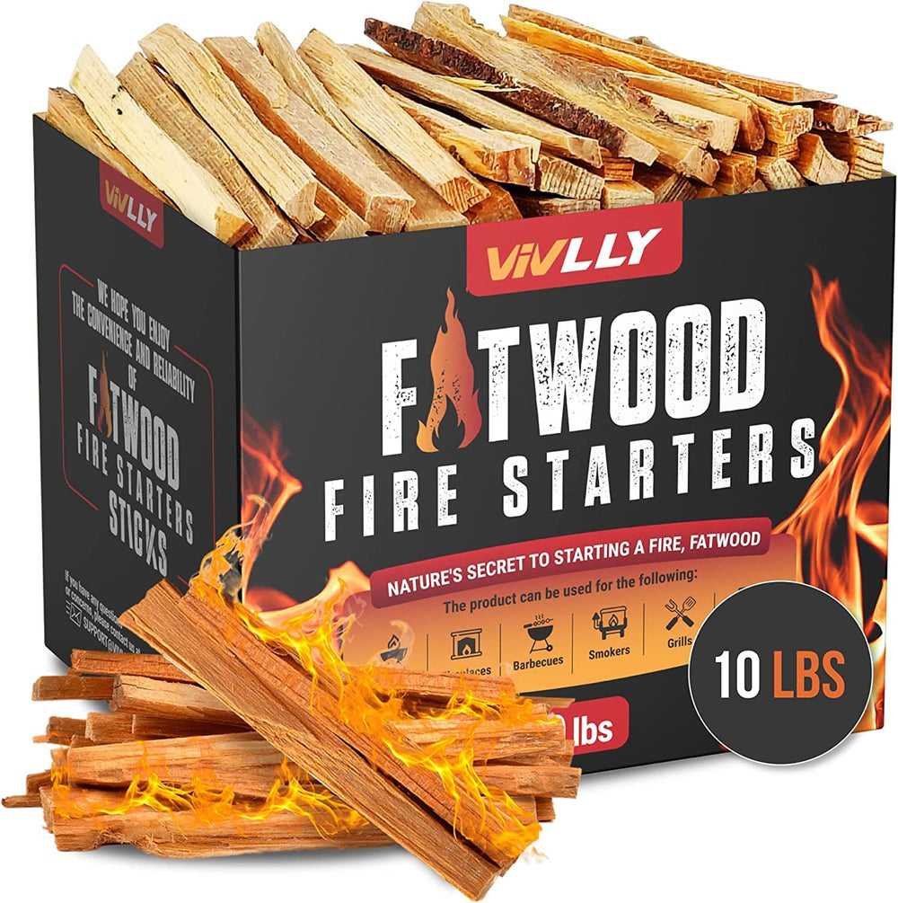 Vivlly fatwood fire-starter-sticks-10lb-pack ready-to-use for fast ignition in fireplaces.