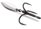 VMC Bladed Hybrid Treble Short 1X Black Nickel #4 hook close-up showcases strength for secure hookups.