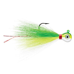 VMC Bucktail Jig 1/4 Green Fire UV close-up with glow finish to attract wary fish.