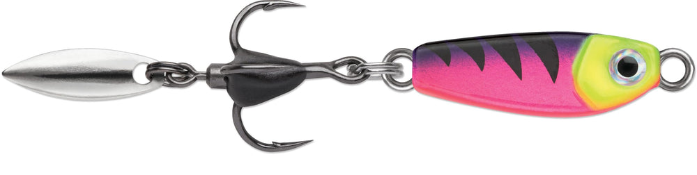 VMC Bull Spoon 1/8 oz Glow Pink Fire UV lure glows for night fishing and precise bait presentation.