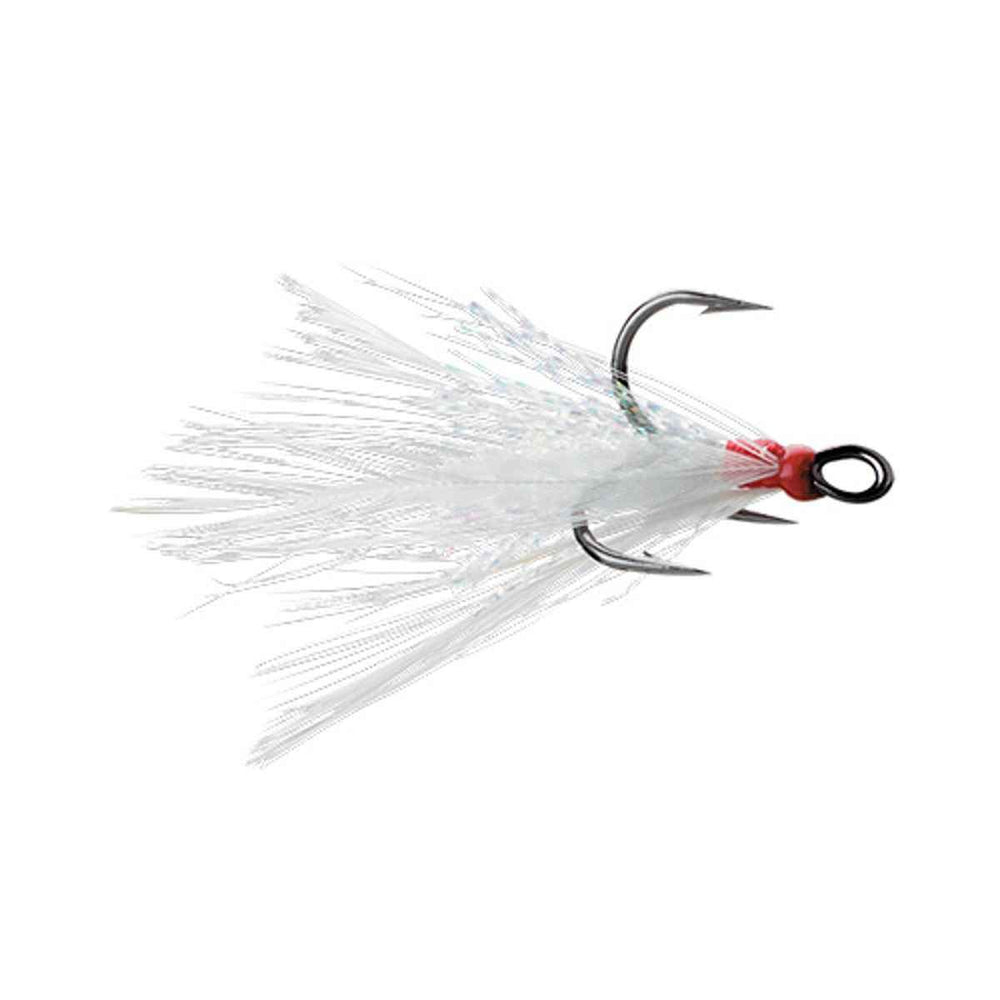VMC Dressed X-Rap treble hook with white feather, enhancing lure flash for enticing strikes
