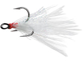 VMC Dressed X-Rap Treble Hook close-up with feathers for lifelike lure action.