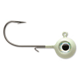 VMC Neon Moon Eye Jig glow close-up showing neon body and eye detail for lure appeal.
