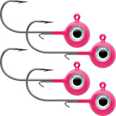 VMC Neon Moon Eye Jig 3/8 glow pink front view with enhanced visibility.