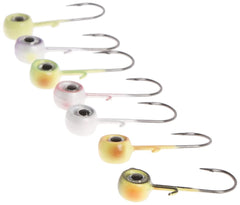 Durable finish and secure eye design on VMC Neon Moon Eye Jig Kit for reliable casting.
