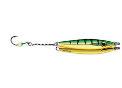 VMC Rocker Spoon lure with glow Octopus hook in Perch color, enticing action for strikes.