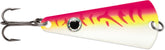 VMC Tingler Spoon 3/16 oz Glow Pink Fire UV front view enhances night visibility.