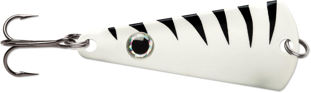 VMC Tingler Spoon Glow Tiger finish attracts walleye and perch under ice