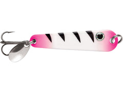 VMC Tumbler Spoon Glow Pink Squirrel delivers fluttering baitfish action for ice fishing.