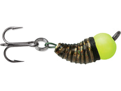 VMC Tungsten BugBite Jig in glow chartreuse sinks fast to reach the strike zone under ice.