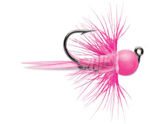 VMC Tungsten Bullfly Jig Glow Pink, ideal for attracting panfish in low light.