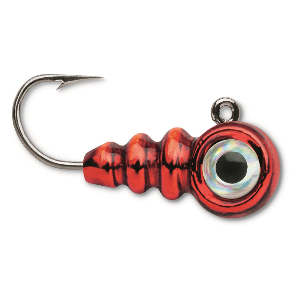 VMC Tungsten Larv Eye Jig in Glow Metallic Red for precise ice fishing bites