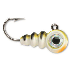 VMC Tungsten Larv Eye Jig glow-green, enhances visibility for low-light ice fishing.