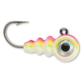 VMC Tungsten Larv Eye Jig in pink chartreuse glow attracts panfish under ice