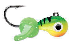 VMC Tungsten Mustache Jig Glow Fire Tiger; lifelike motion entices panfish.