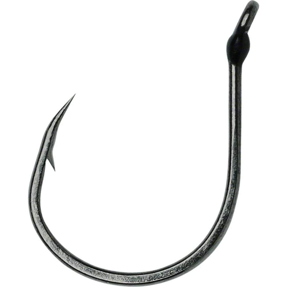 VMC Wacky Hook Black Nickel 1/0 close-up showing wide bite and resin eye.