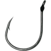 VMC Wacky Hook Black Nickel 1/0 close-up showing wide bite and resin eye.